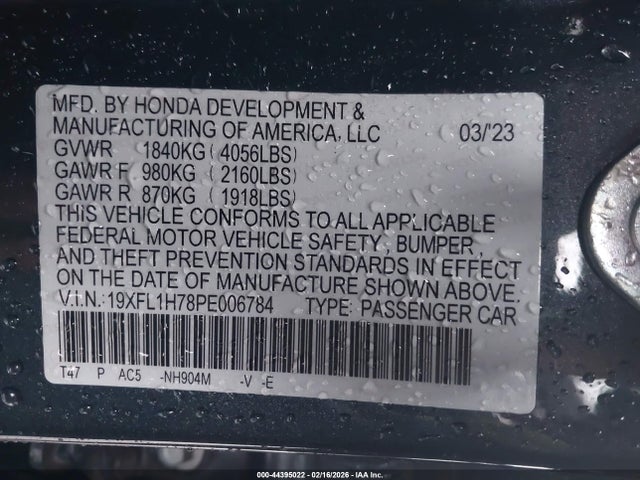 19XFL1H78PE006784 Honda Civic Ex-l/ex-l W/o Bsi