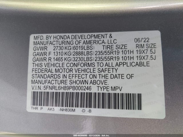 5FNRL6H89PB000246 Honda Odyssey Touring