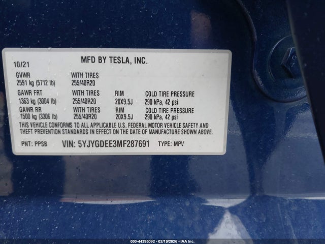 2021 TESLA MODEL Y 5YJYGDEE3MF287691 Photo 8