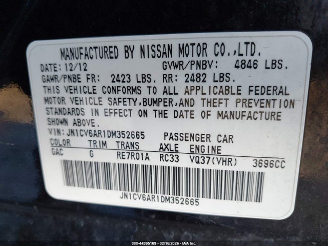 Aukcja sprzedaży 2013 Infiniti G37x, vin: JN1CV6AR1DM352665, numer aukcji: 44395169