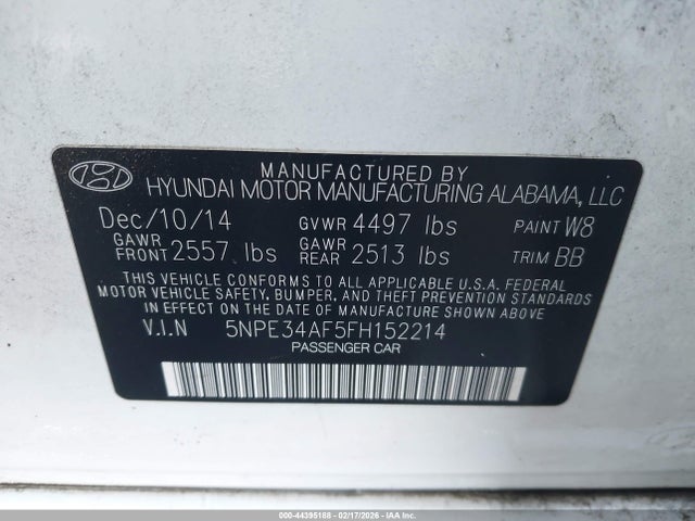 44395188 :رقم المزاد ، 5NPE34AF5FH152214 vin ، 2015 Hyundai Sonata Sport مزاد بيع