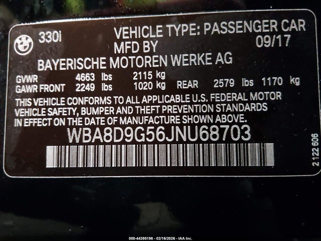 44395196 :رقم المزاد ، WBA8D9G56JNU68703 vin ، 2018 Bmw 330i Xdrive مزاد بيع