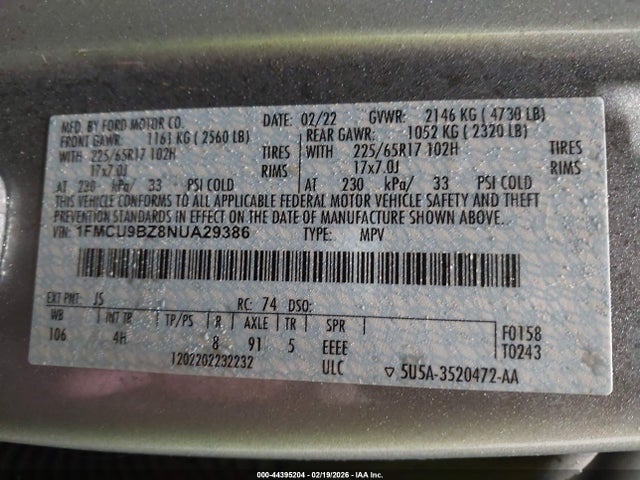 1FMCU9BZ8NUA29386 Ford Escape Se Hybrid