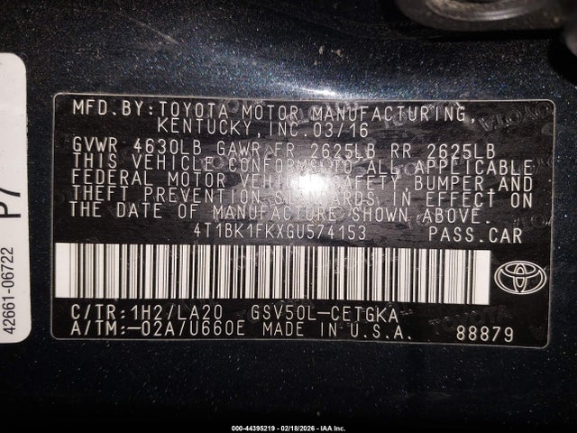 4T1BK1FKXGU574153 Toyota Camry Xle V6