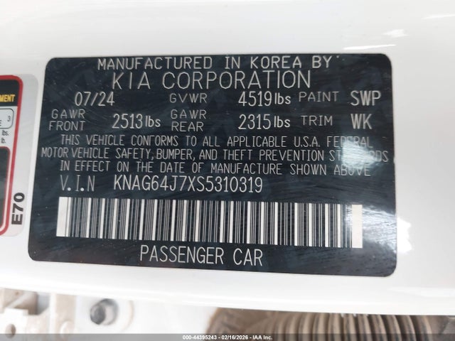 44395243 :رقم المزاد ، KNAG64J7XS5310319 vin ، 2025 Kia K5 Gt-line مزاد بيع
