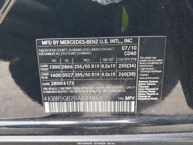 2011 Mercedes-benz Ml 350 მანქანა იყიდება აუქციონზე, vin: 4JGBB5GB2BA631851, აუქციონის ნომერი: 44395245
