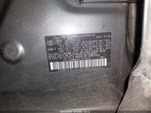 Aukcja sprzedaży 2020 Subaru Ascent Premium, vin: 4S4WMACD3L3479600, numer aukcji: 44395280