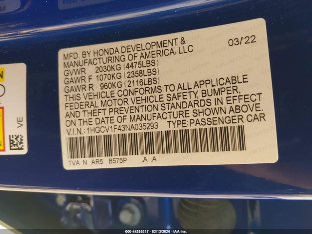 2022 HONDA ACCORD 1HGCV1F43NA035293 Photo 8
