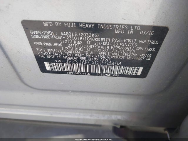 2016 Subaru Forester 2.5i Premium მანქანა იყიდება აუქციონზე, vin: JF2SJAFCXGH554494, აუქციონის ნომერი: 44395330