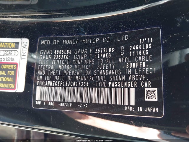 JHMZC5F13JC017336 Honda CLARITY PLUG-IN HYBRID