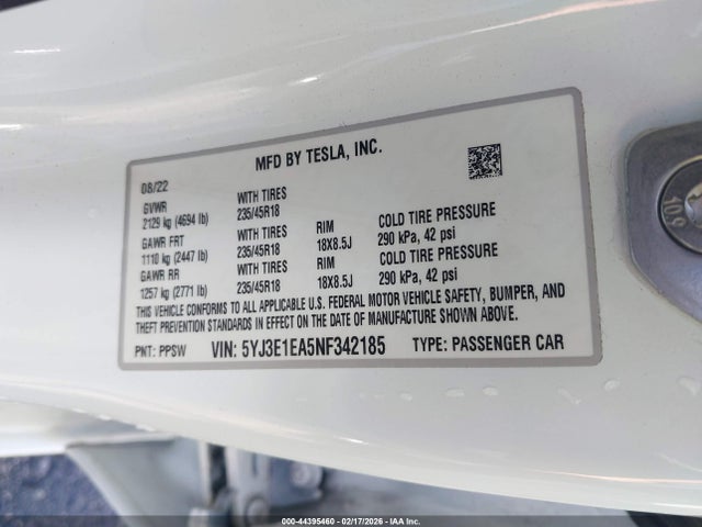 Aukcja sprzedaży 2022 Tesla Model 3 Rear-wheel Drive, vin: 5YJ3E1EA5NF342185, numer aukcji: 44395460