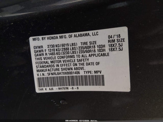 5FNRL6H7XKB001406 Honda Odyssey Ex-l