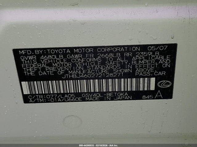 Aukcja sprzedaży 2007 Lexus Es 350, vin: JTHBJ46G272128271, numer aukcji: 44395533