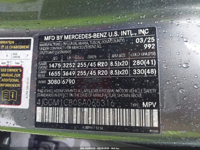 44395535 :رقم المزاد ، 4JGGM1CB0SA065316 vin ، 2025 Mercedes-benz Eqe 350 Suv 4matic مزاد بيع