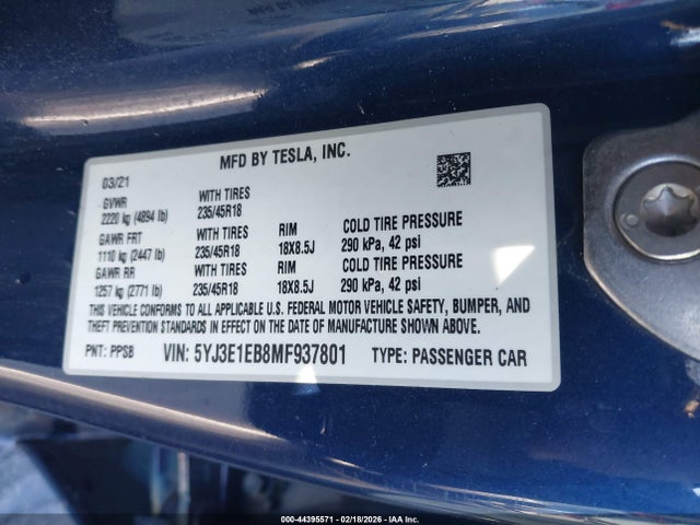 Aukcja sprzedaży 2021 Tesla Model 3 Long Range Dual Motor All-wheel Drive, vin: 5YJ3E1EB8MF937801, numer aukcji: 44395571