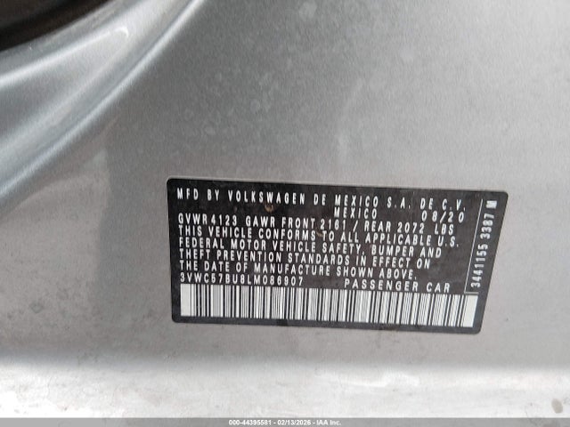 44395581 :رقم المزاد ، 3VWC57BU8LM086907 vin ، 2020 Volkswagen Jetta 1.4t R-line/1.4t S/1.4t Se مزاد بيع