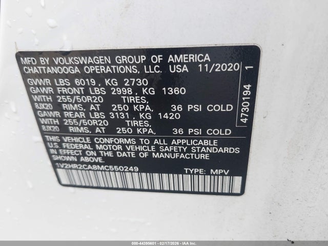 Продаж на аукціоні авто 2021 Volkswagen Atlas 3.6l V6 Se W/technology, vin: 1V2HR2CA8MC550249, номер лоту: 44395601