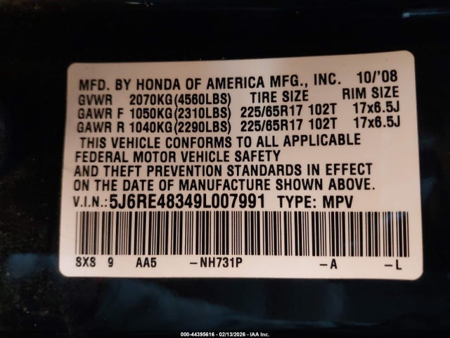 44395616 :رقم المزاد ، 5J6RE48349L007991 vin ، 2009 Honda Cr-v Lx مزاد بيع