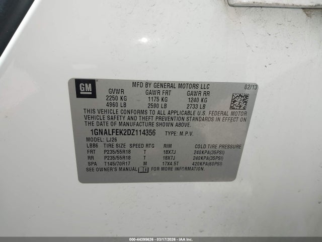 44395626 :رقم المزاد ، 1GNALFEK2DZ114356 vin ، 2013 Chevrolet Equinox Ltz مزاد بيع