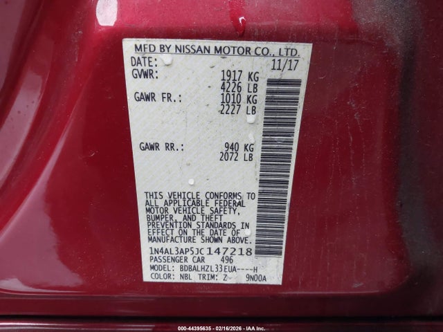 Продажа на аукционе авто 2018 Nissan Altima 2.5 Sr, vin: 1N4AL3AP5JC147218, номер лота: 44395635