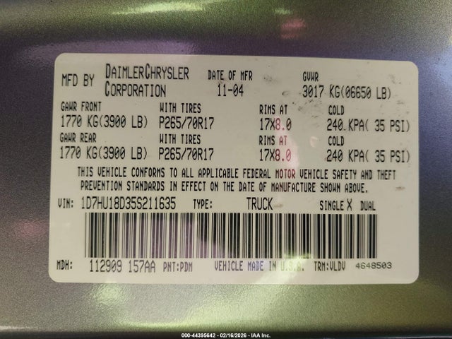 Aukcja sprzedaży 2005 Dodge Ram 1500 Slt/laramie, vin: 1D7HU18D35S211635, numer aukcji: 44395642
