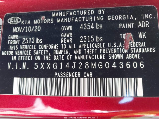 5XXG14J28MG043606 KIA K5 LXS