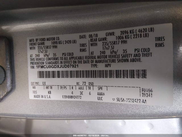 1FMCU0GDXJUD07921 Ford ESCAPE SE