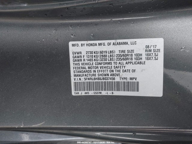 5FNRL6H88JB037456 Honda Odyssey Touring