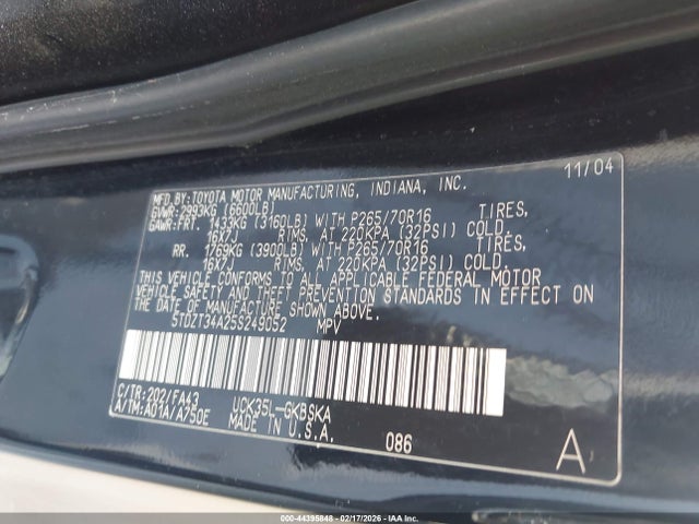 2005 Toyota Sequoia Sr5 V8 მანქანა იყიდება აუქციონზე, vin: 5TDZT34A25S249052, აუქციონის ნომერი: 44395848
