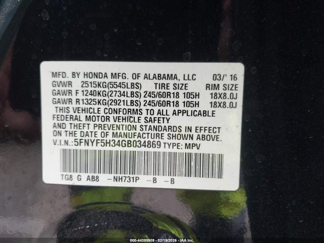5FNYF5H34GB034869 Honda Pilot Ex