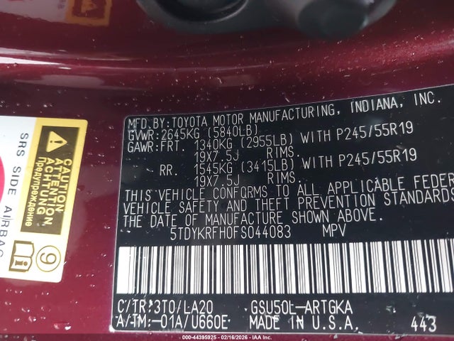 5TDYKRFH0FS044083 Toyota Highlander Limited V6
