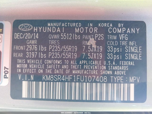 KM8SR4HF1FU107408 Hyundai Santa Fe Limited