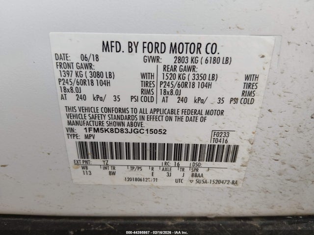 44395987 :رقم المزاد ، 1FM5K8D83JGC15052 vin ، 2018 Ford Explorer Xlt مزاد بيع