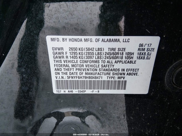 5FNYF6H79HB048471 Honda Pilot Ex-l