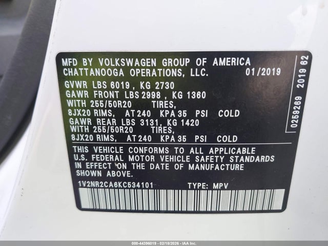 Продаж на аукціоні авто 2019 Volkswagen Atlas 3.6l V6 Sel Premium, vin: 1V2NR2CA6KC534101, номер лоту: 44396019