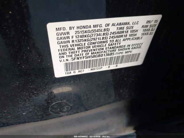 5FNYF5H58GB013685 Honda Pilot Ex-l