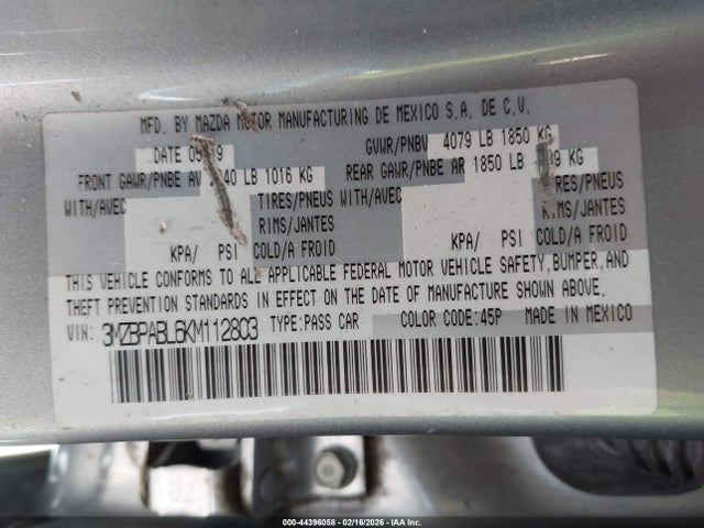 Продажа на аукционе авто 2019 Mazda Mazda3, vin: 3MZBPABL6KM112803, номер лота: 44396058