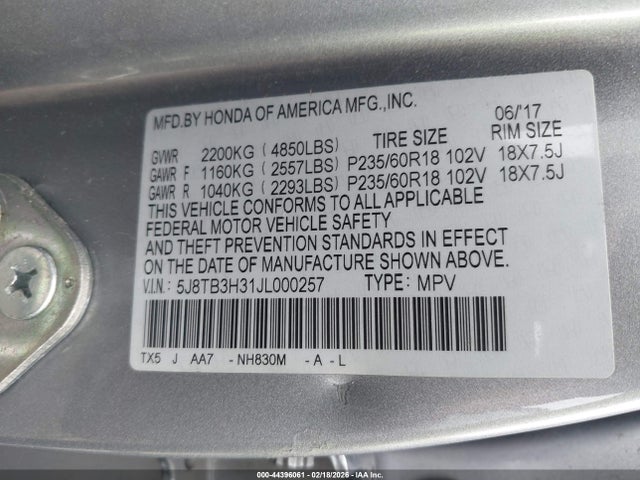 44396061 :رقم المزاد ، 5J8TB3H31JL000257 vin ، 2018 Acura Rdx Acurawatch Plus Package مزاد بيع