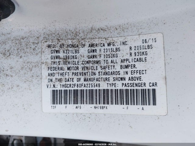 Продажа на аукционе авто 2015 Honda Accord Ex-l, vin: 1HGCR2F80FA225549, номер лота: 44396068