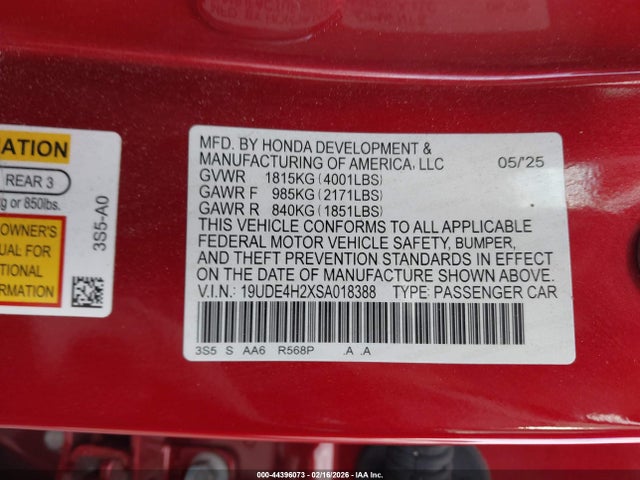 2025 Acura Integra მანქანა იყიდება აუქციონზე, vin: 19UDE4H2XSA018388, აუქციონის ნომერი: 44396073
