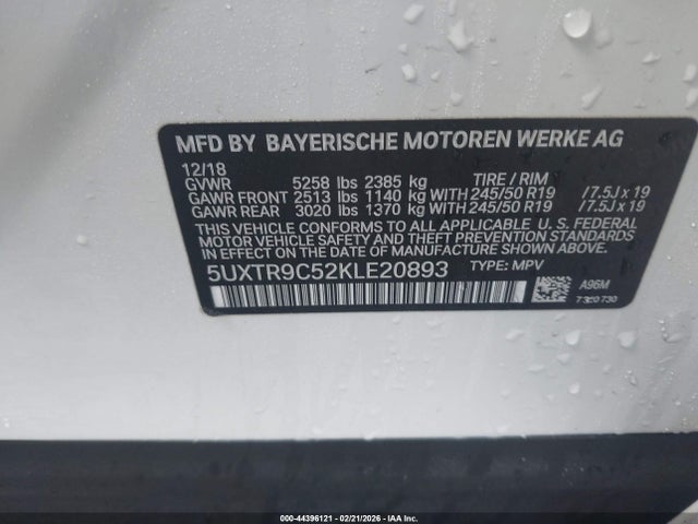 2019 Bmw X3 Xdrive30i მანქანა იყიდება აუქციონზე, vin: 5UXTR9C52KLE20893, აუქციონის ნომერი: 44396121