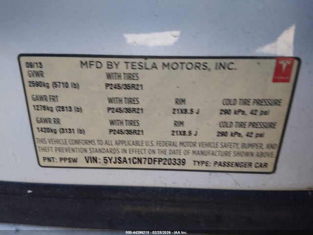 Aukcja sprzedaży 2013 Tesla Model S, vin: 5YJSA1CN7DFP20339, numer aukcji: 44396215