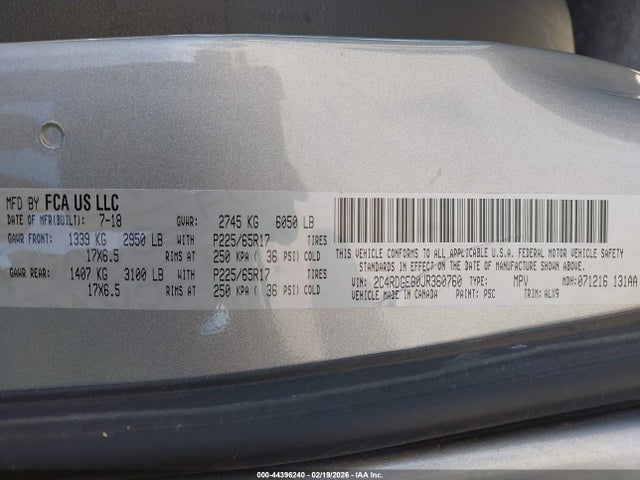 Продажа на аукционе авто 2018 Dodge Grand Caravan Gt, vin: 2C4RDGEG0JR360760, номер лота: 44396240