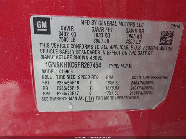 1GNSKHKC6FR267454 Chevrolet Suburban 1500 Ls