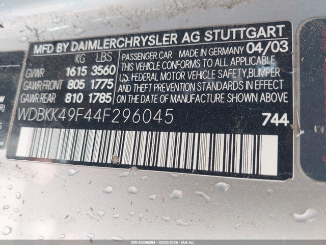 Aukcja sprzedaży 2004 Mercedes-benz Slk 230 Kompressor, vin: WDBKK49F44F296045, numer aukcji: 44396284