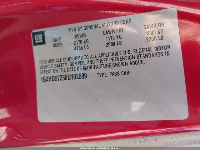44396314 :رقم المزاد ، 1G4HD57238U192509 vin ، 2008 Buick Lucerne Cxl مزاد بيع