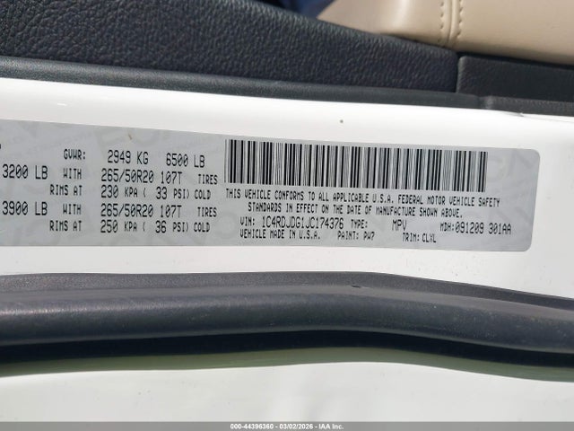 44396360 :رقم المزاد ، 1C4RDJDG1JC174376 vin ، 2018 Dodge Durango Gt Awd مزاد بيع