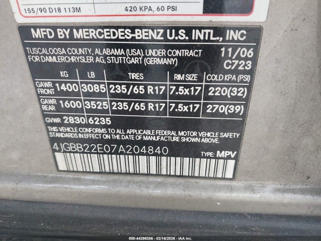 44396386 :رقم المزاد ، 4JGBB22E07A204840 vin ، 2007 Mercedes-benz Ml 320 Cdi 4matic مزاد بيع
