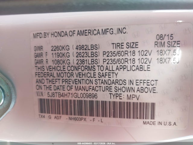 Aukcja sprzedaży 2016 Acura Rdx Advance Package, vin: 5J8TB4H71GL009896, numer aukcji: 44396483
