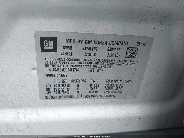 Продажа на аукционе авто 2016 Buick Encore Sport Touring, vin: KL4CJ1SM0GB661746, номер лота: 44396514